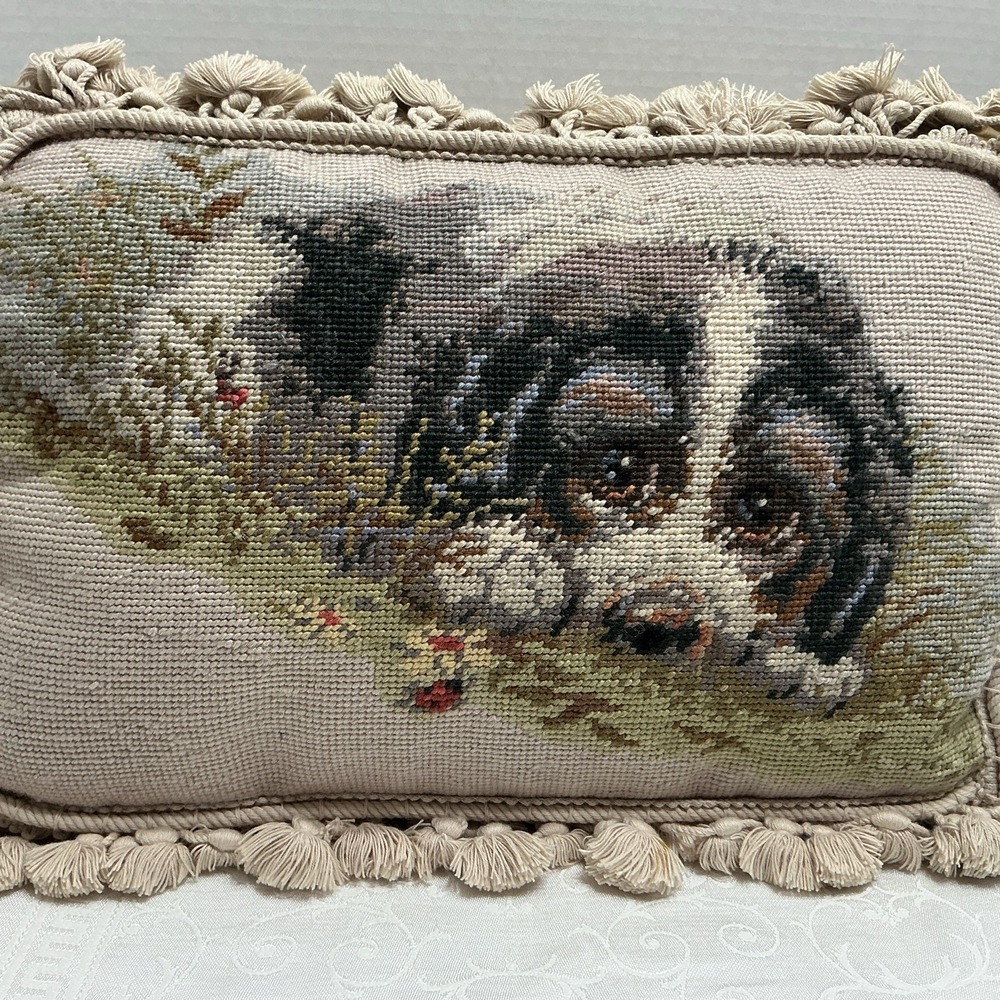 Borgata NEEDLEPOINT  PILLOW Resting Puppy laying in Grass Tassel Trim Handmade